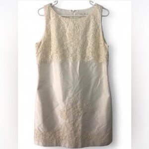 Vintage Silk Off White Lace-Trim Beaded Shift Dress
